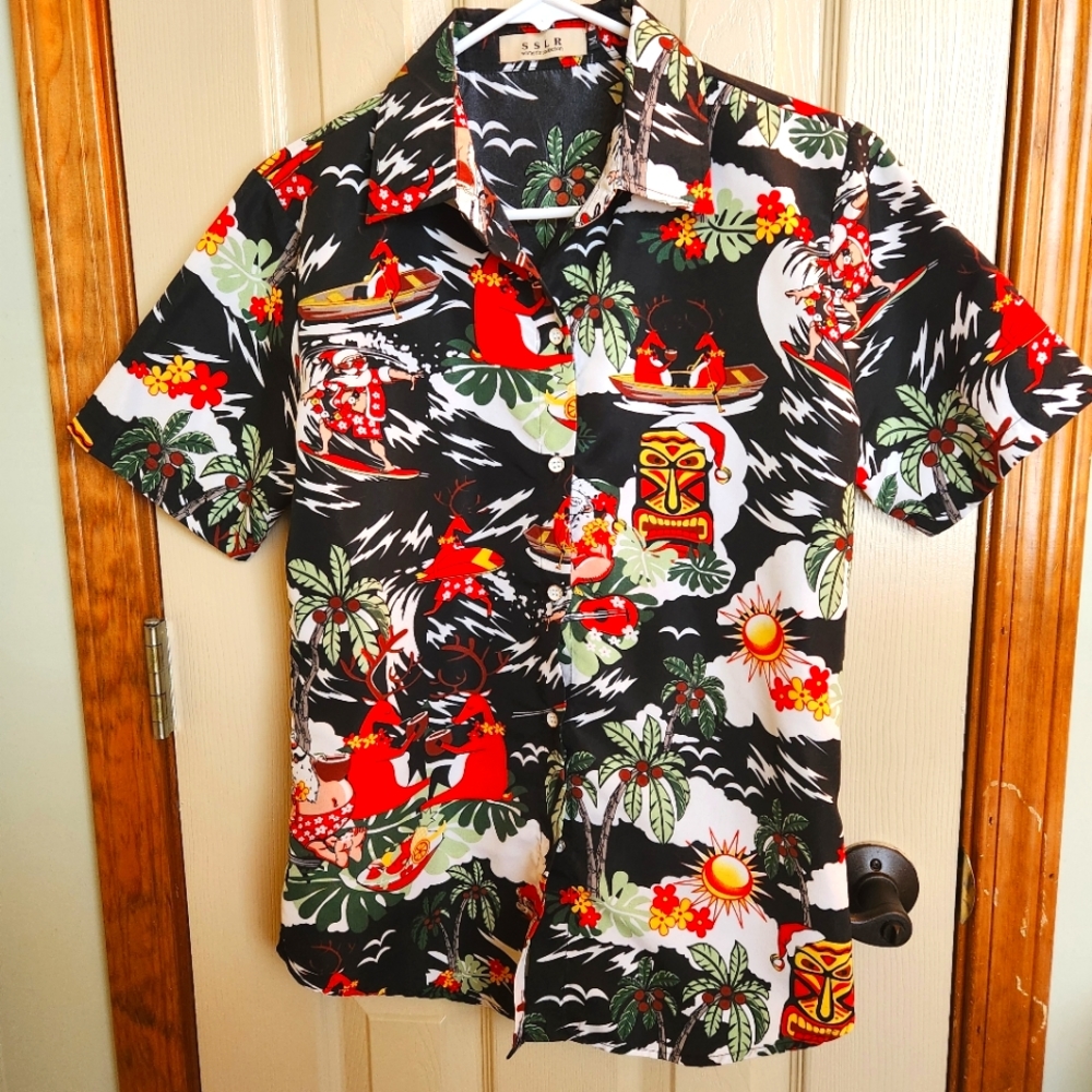 Tropical Holiday Santa bowling shirt by SSLR UNISEX